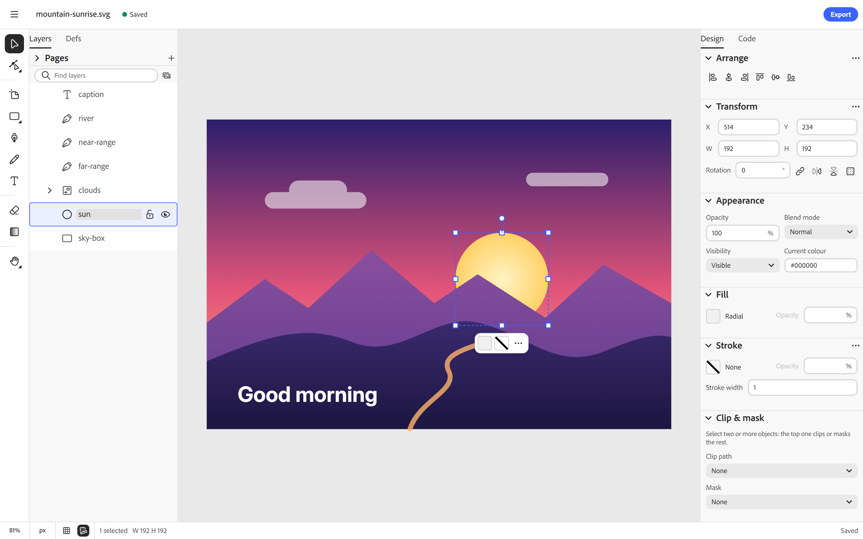 The PureSVG editor with a mountain sunrise illustration open: layers on the left, the canvas in the middle and the Design panel on the right with the selected sun's position, size and radial gradient fill.